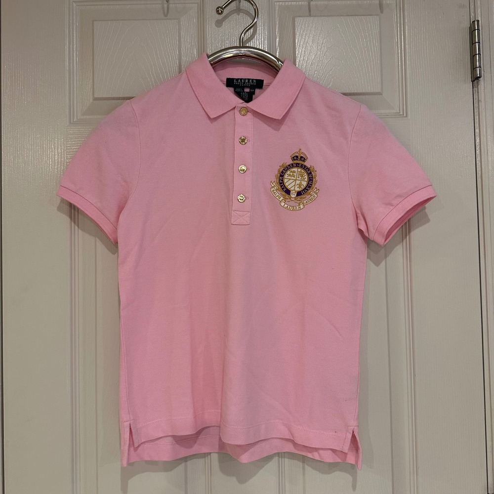 Lauren Ralph Lauren Petite Pink Crest Polo Shirt Gold Buttons P/P